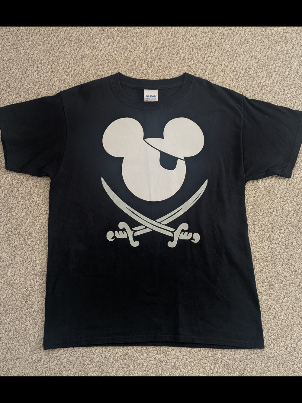 Gildan Black Youth L Short-Sleeve Tee with White Mickey Head And Silver Swords